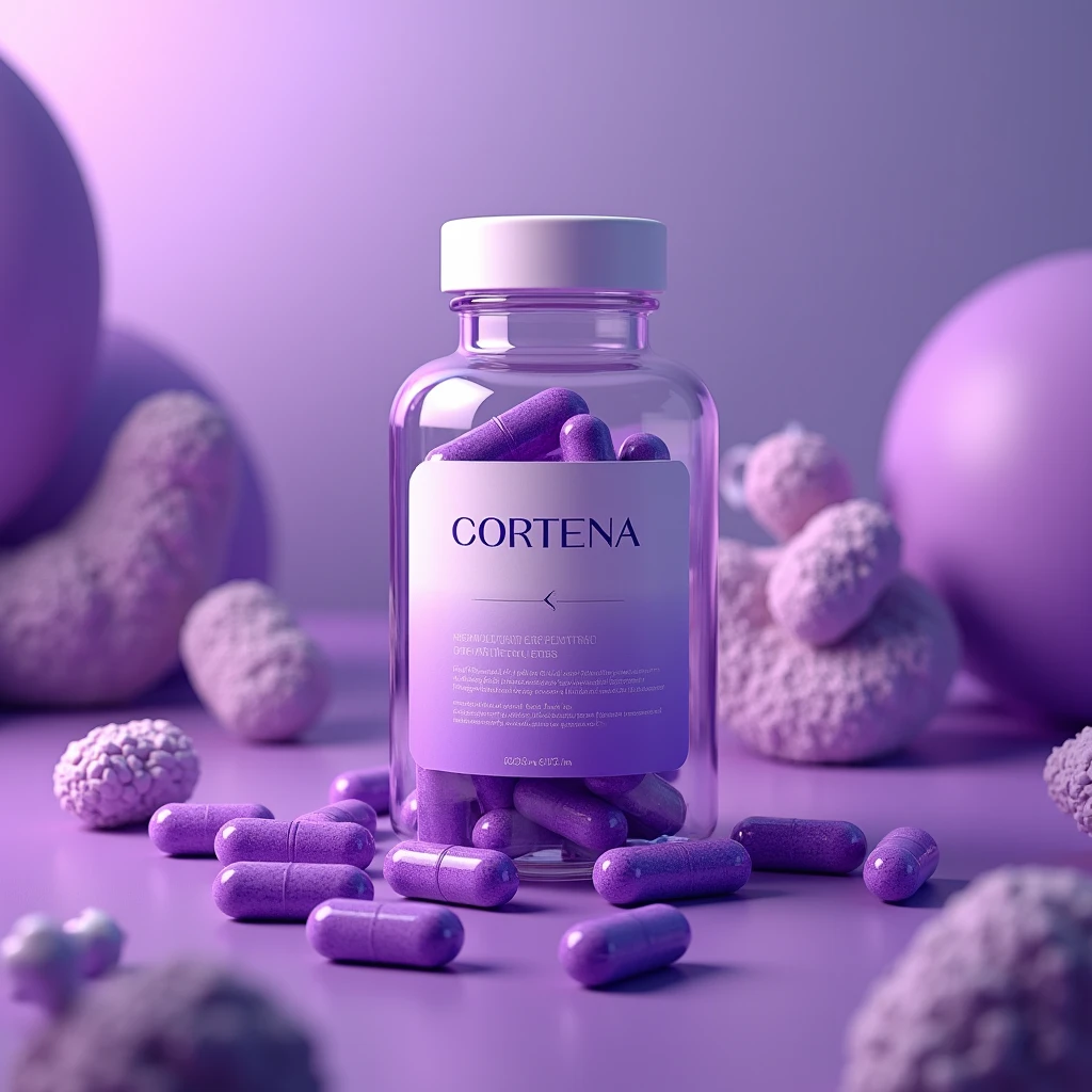 Stylized Cortena supplement bottle with gradient accents